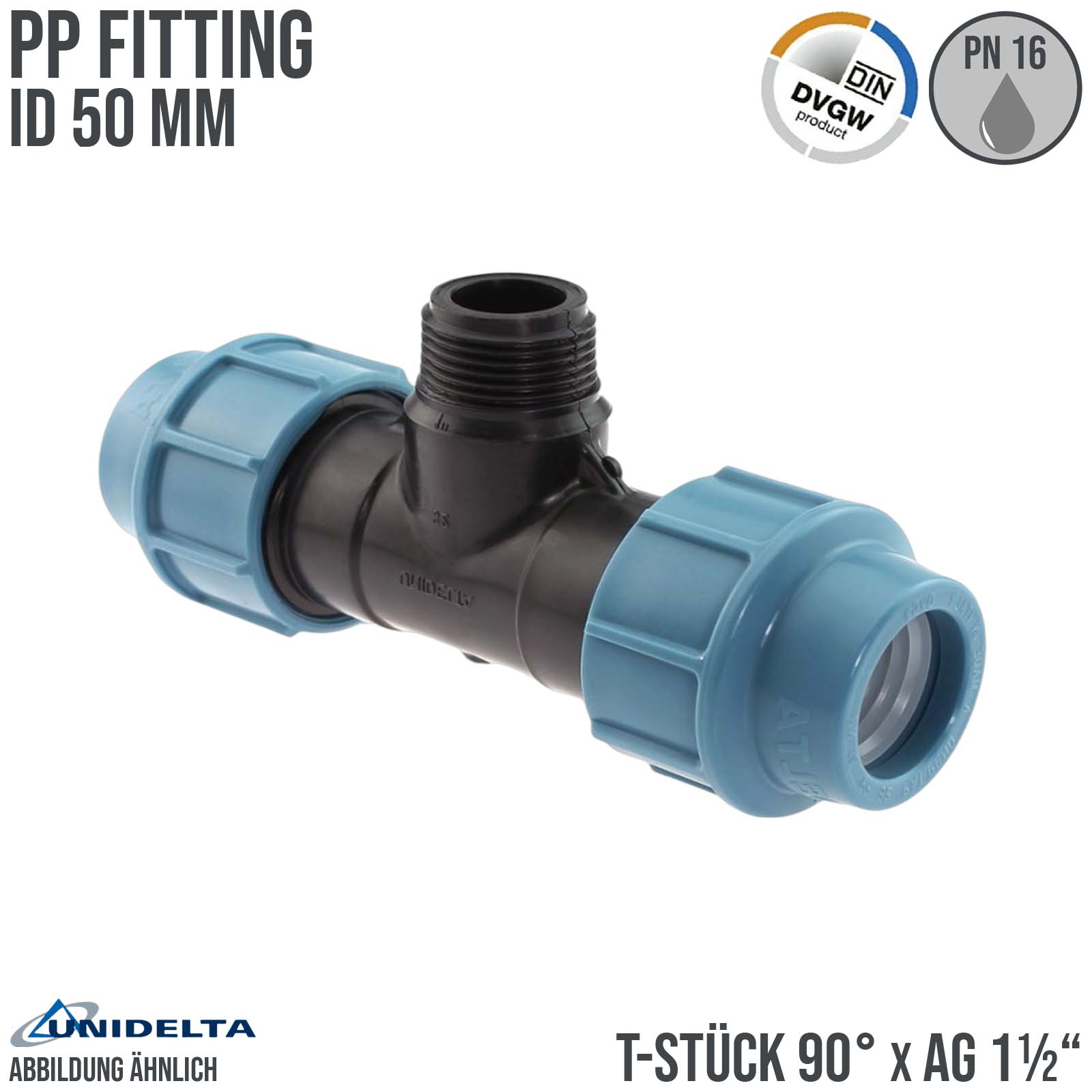 50 mm x 1 1/2" PE PP Fitting Klemm Verbinder Verschraubung Rohr T-Stück 90° x AG DVGW - Unidelta 