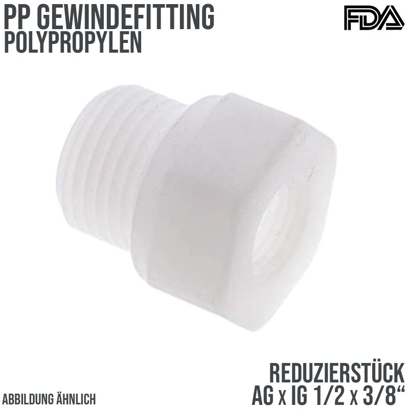1/2" x 3/8" PP Gewinde Fitting FDA Reduzier Nippel Außen x Innengewinde Verbinder beige - PN 10 bar