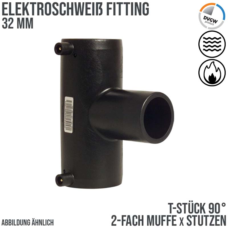 32 mm PE 100 Elektro Schweiß Fitting T-Stück 90° 2-fach Muffe x Stutzen SDR 11 DVGW 24 VAC schwarz