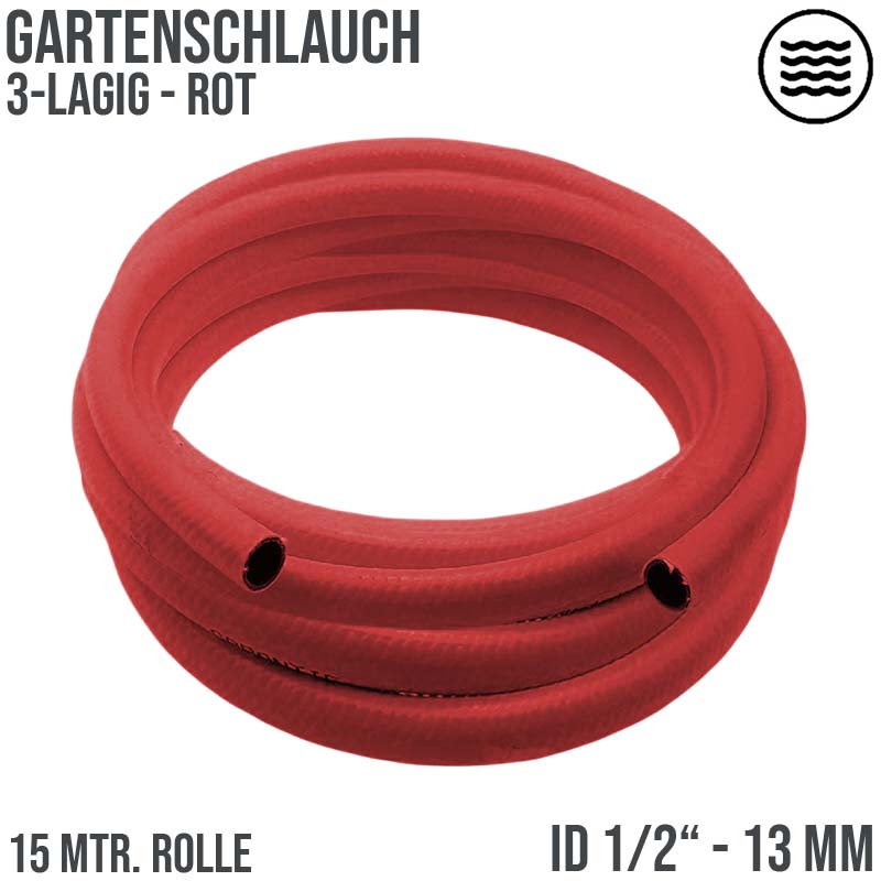 1/2" 13 mm 3-lagig Garten Wasser Bewässerung Universal Schlauch rot/grau - PN 10 bar - 15m