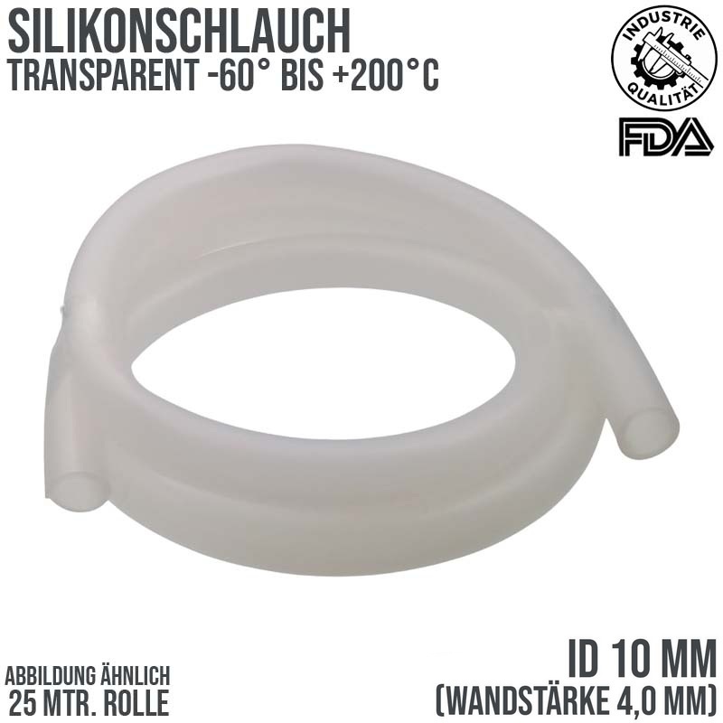 10 x 18 mm Silikon Silicon Industrie Schlauch transparent talkumiert Lebensmittel FDA - 25 m