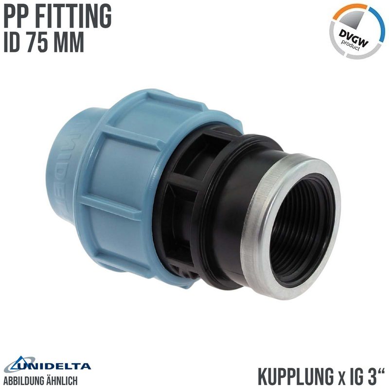 75 mm x 3" PE PP Fitting Klemm Verbinder Verschraubung Muffe Rohr Kupplung x IG DVGW - Unidelta