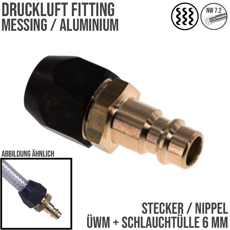 6 mm Druckluft Stecker Nippel Einsteck Überwurf Mutter ÜWM TX Schlauch Tülle Messing NW 7,2 LW - PN 16 bar