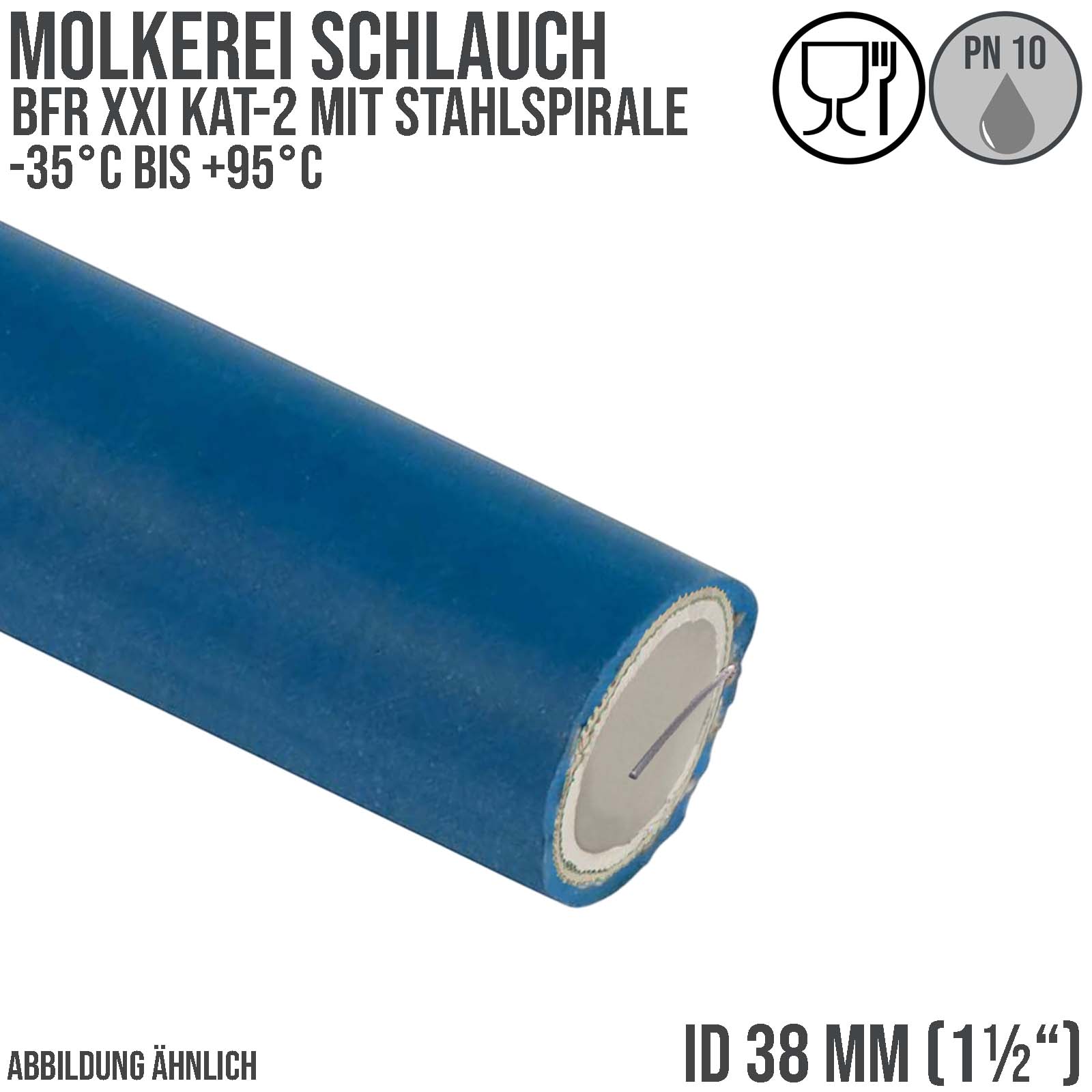 38 mm 1 1/2" Molkerei Milch Lebensmittel Schlauch Stahlspirale BfR FDA NBR NVC blau weiß - PN 10 bar - 40 m Rolle 
