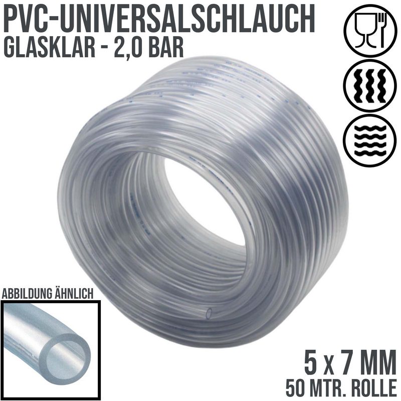 5 x 7 mm PVC Luft Filter Wasser Universal Labor Aquarium Terrarium Schlauch klar durchsichtig - PN 2 bar  - 50 m