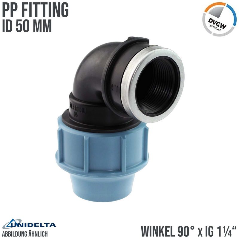 50 mm x 1 1/4" PE PP Fitting Klemm Verbinder Verschraubung Rohr Winkel 90° x IG DVGW - Unidelta