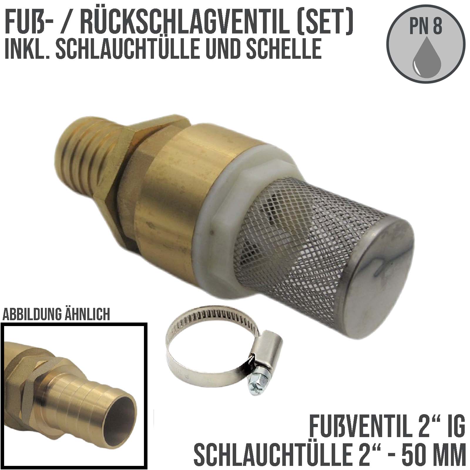 2" Zoll Fuß Rückschlag Ventil Saugkorb mit 50 mm Schlauchtülle Messing