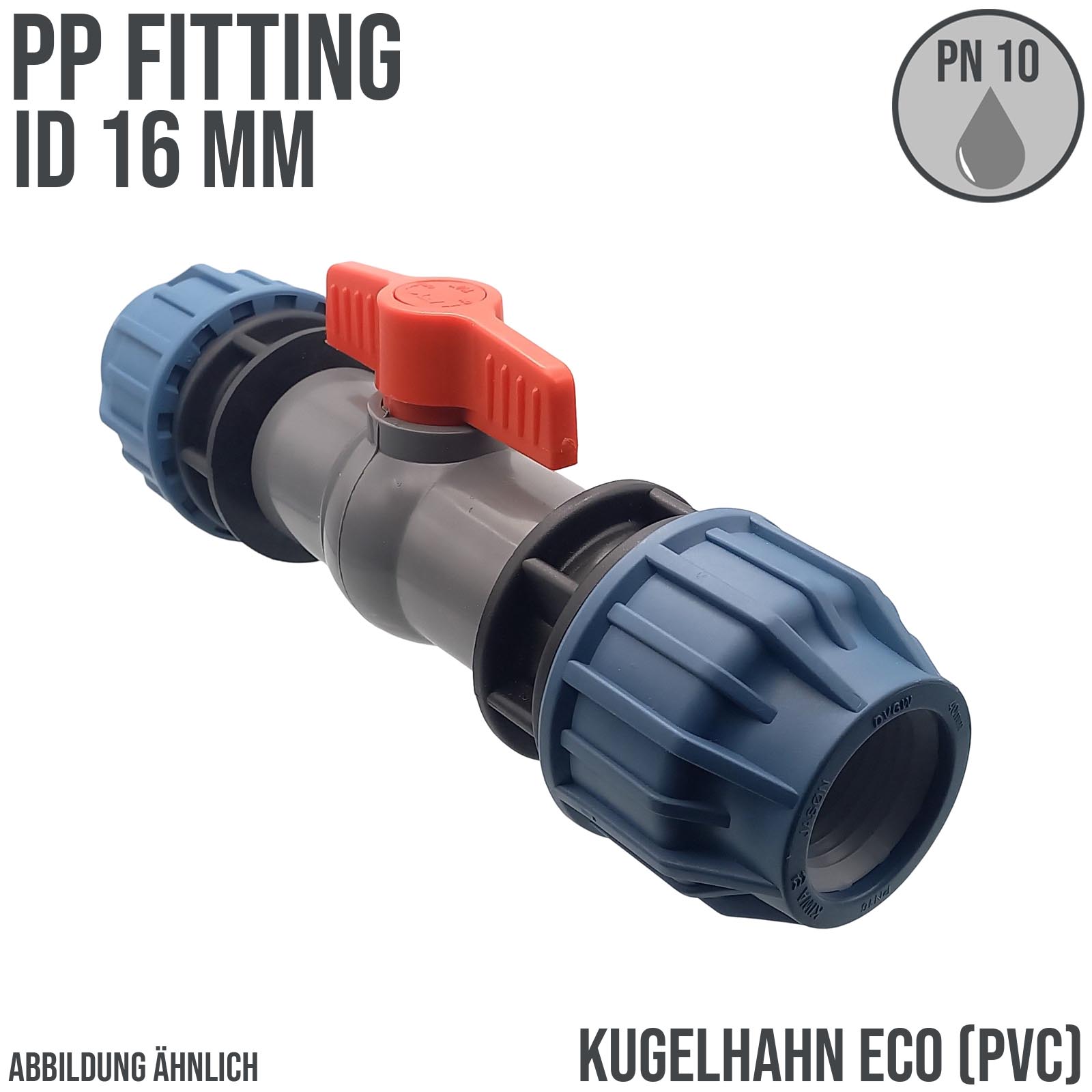 16 mm PE PP Fitting Klemm Verbinder Verschraubung Kugelhahn ECO mit 2-fach Muffe