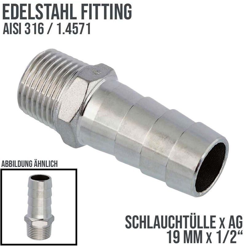 19 mm x 1/2" Zoll Schlauch Tülle Stutzen Außengewinde AG Nippel Edelstahl AISI 316 VA  Fitting - PN 20 bar