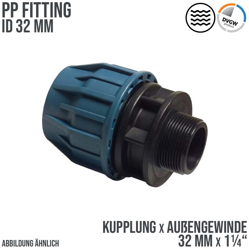 32 mm x 1 1/4" PE PP Fitting Klemm Verbinder Verschraubung Muffe Rohr Kupplung x AG DVGW - PN 16 bar