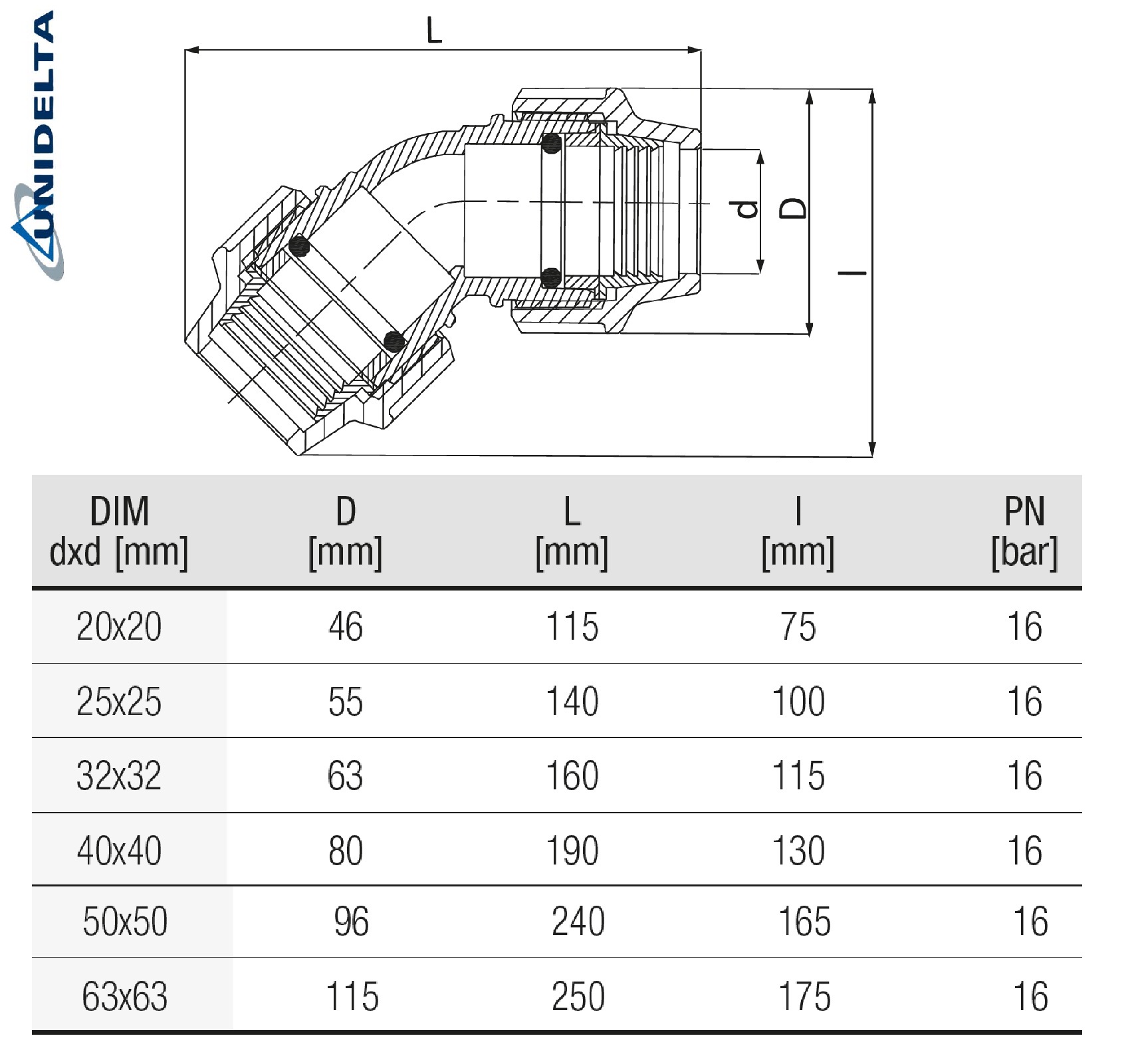 63 mm PE PP Fitting Klemm Verbinder Verschraubung Muffe Rohr Winkel 45° DVGW - Unidelta