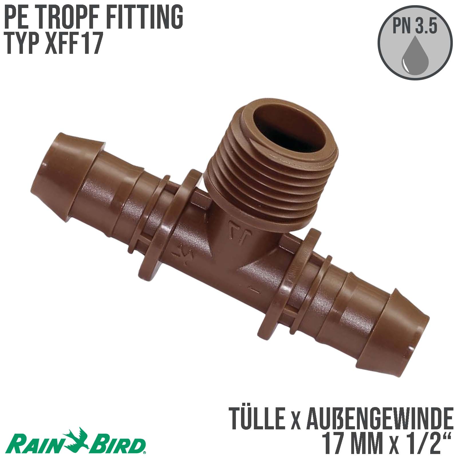 17 mm x 1/2" Rain Bird T-Stück 90° Kunststoff Tülle x Außengewinde x Tülle Tropf Fitting braun Typ XFF17 - PN 3,5 bar