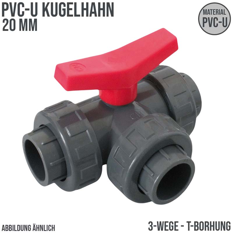 20 mm PVC Kugel Absperr Hahn Ventil T-Bohrung 3-fach Klebemuffe Fitting PN 10 bar - roter Griff