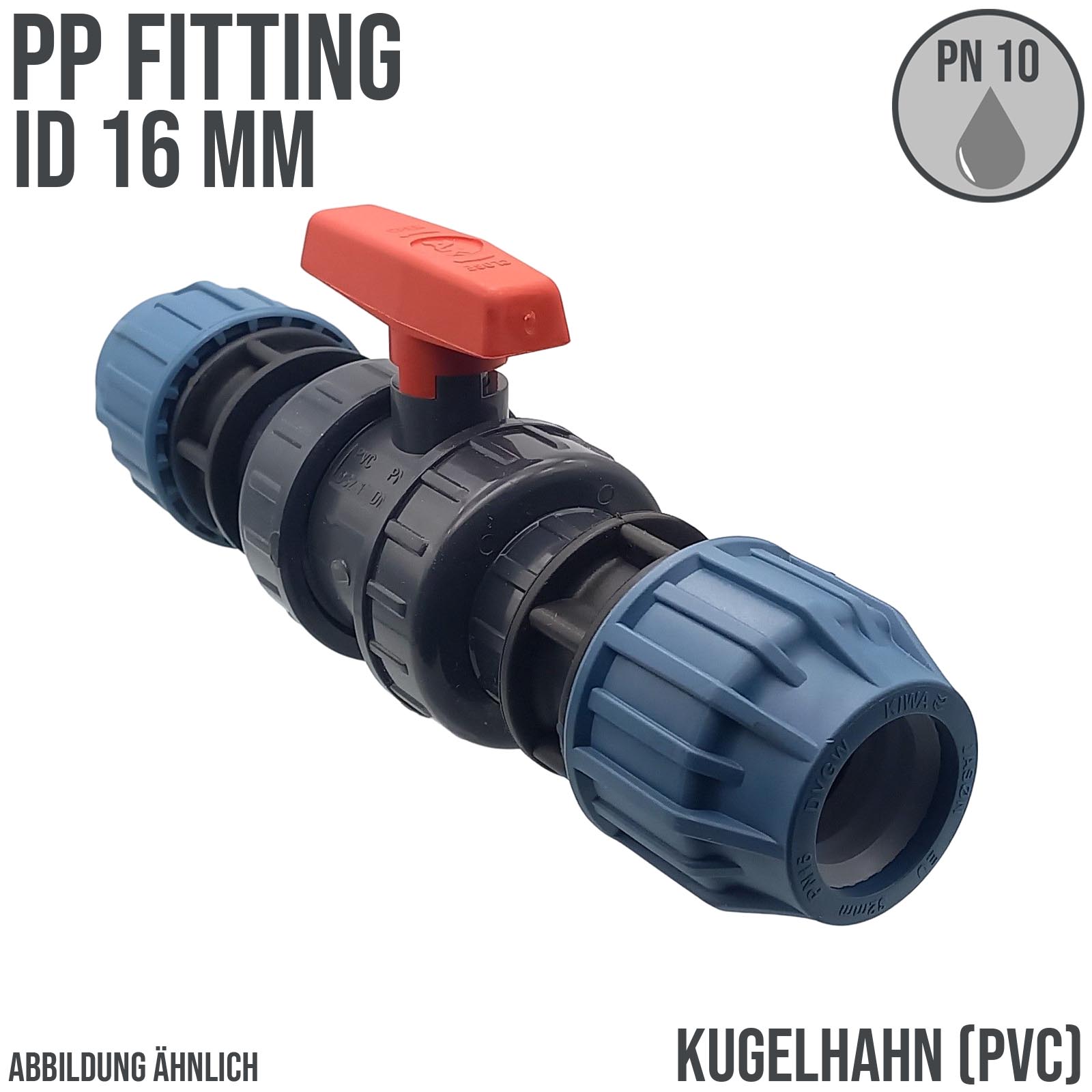 16 mm PE PP Fitting Klemm Verbinder Verschraubung Kugelhahn (rot) mit 2-fach Muffe