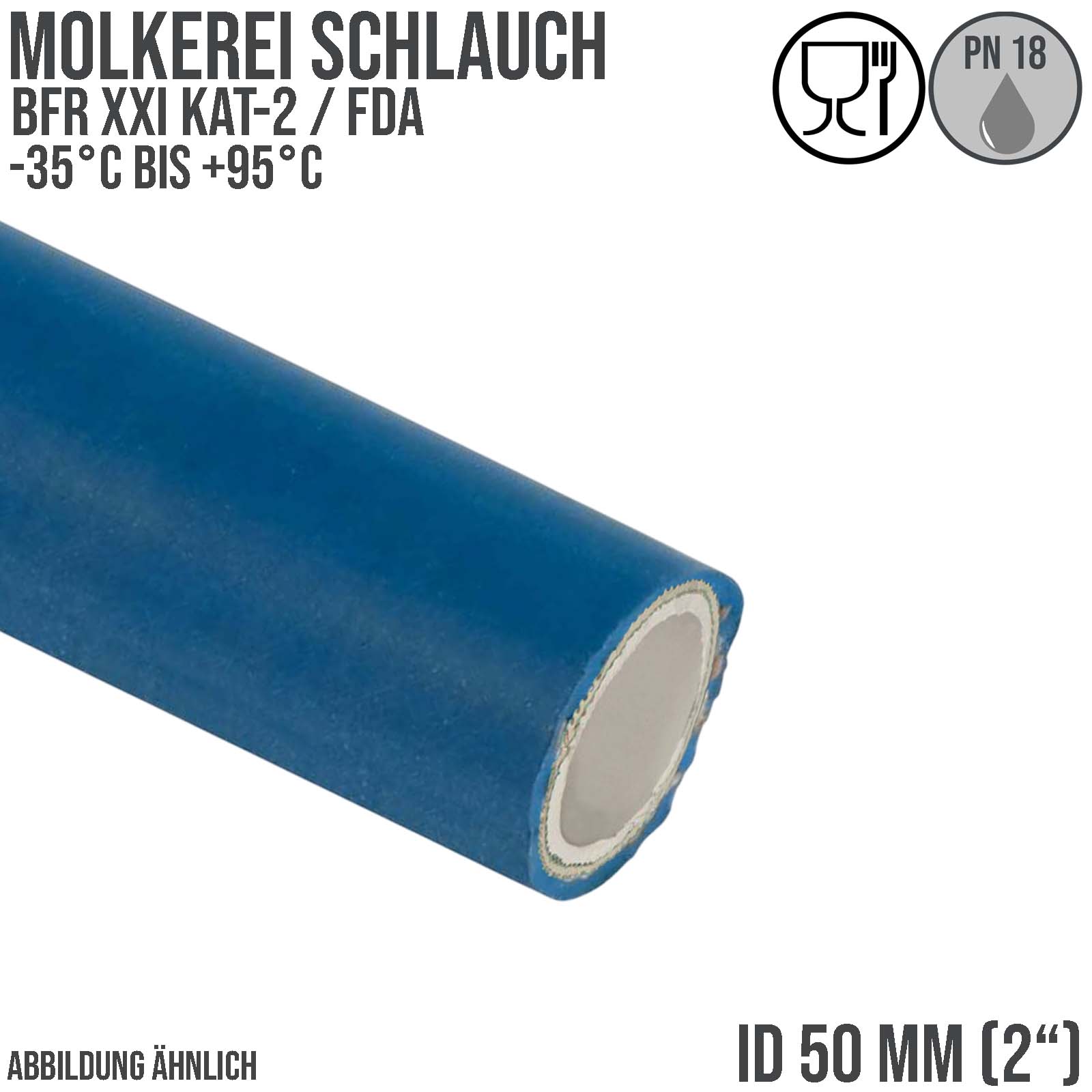 50 mm 2" Molkerei Milch Lebensmittel Schlauch BfR FDA NBR NVC blau weiß - PN 18 bar - 40 m Rolle 