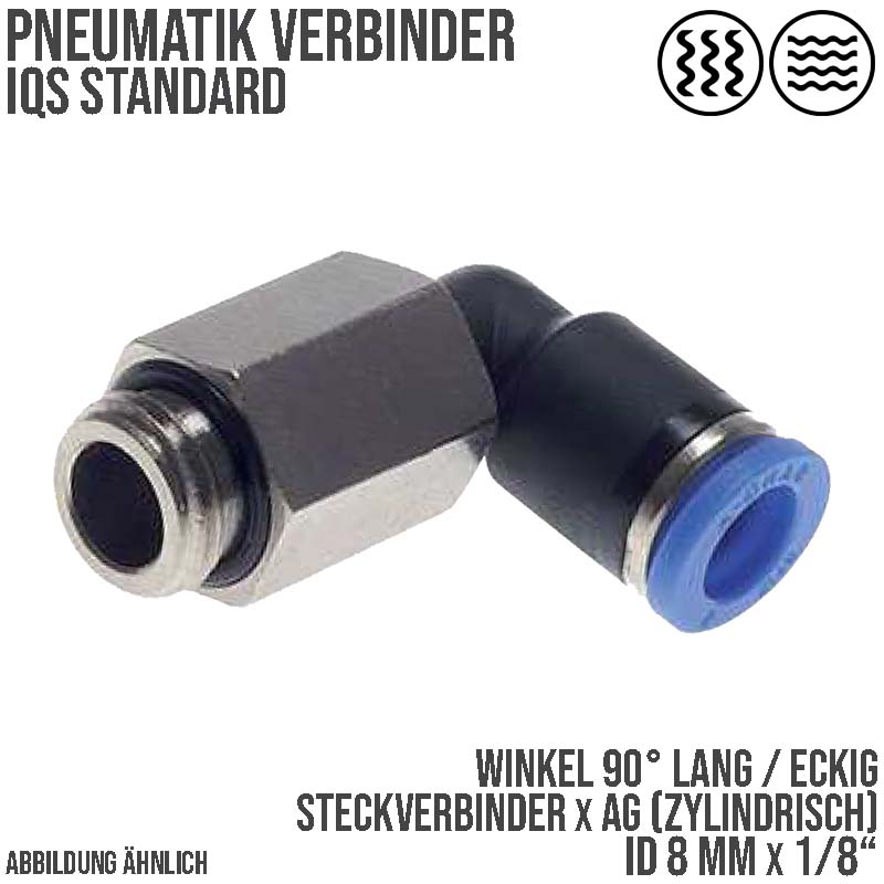 8 mm x 1/8" Pneumatik Steck Verbinder Winkel 90° lang IQS Außengewinde zylindrisch - PN 20 bar