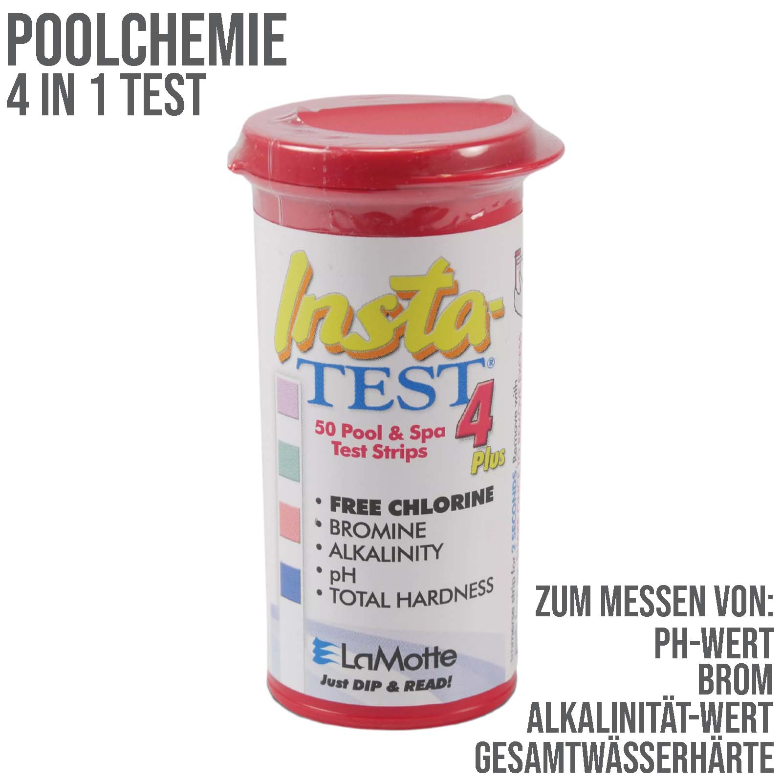 Pool Chemie Teststreifen 4 in 1 (rot) Brom, pH, totale Alkalinität und Gesamthärte - 50 Stück
