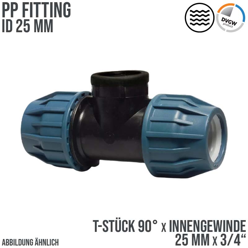 25 mm x 3/4" PE PP Fitting Klemm Verbinder Verschraubung Rohr T-Stück 90° x IG DVGW - PN 16 bar