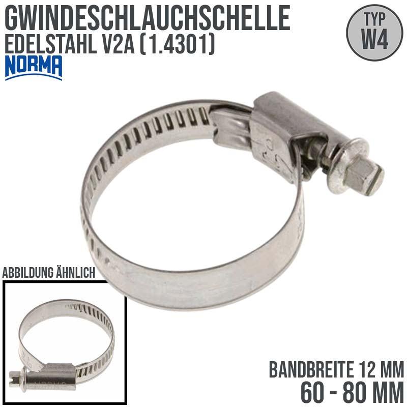 60 - 80 mm NORMA Schlauch Gewinde Rohr Schelle W4 Edelstahl 1.4301 - Band 12 mm