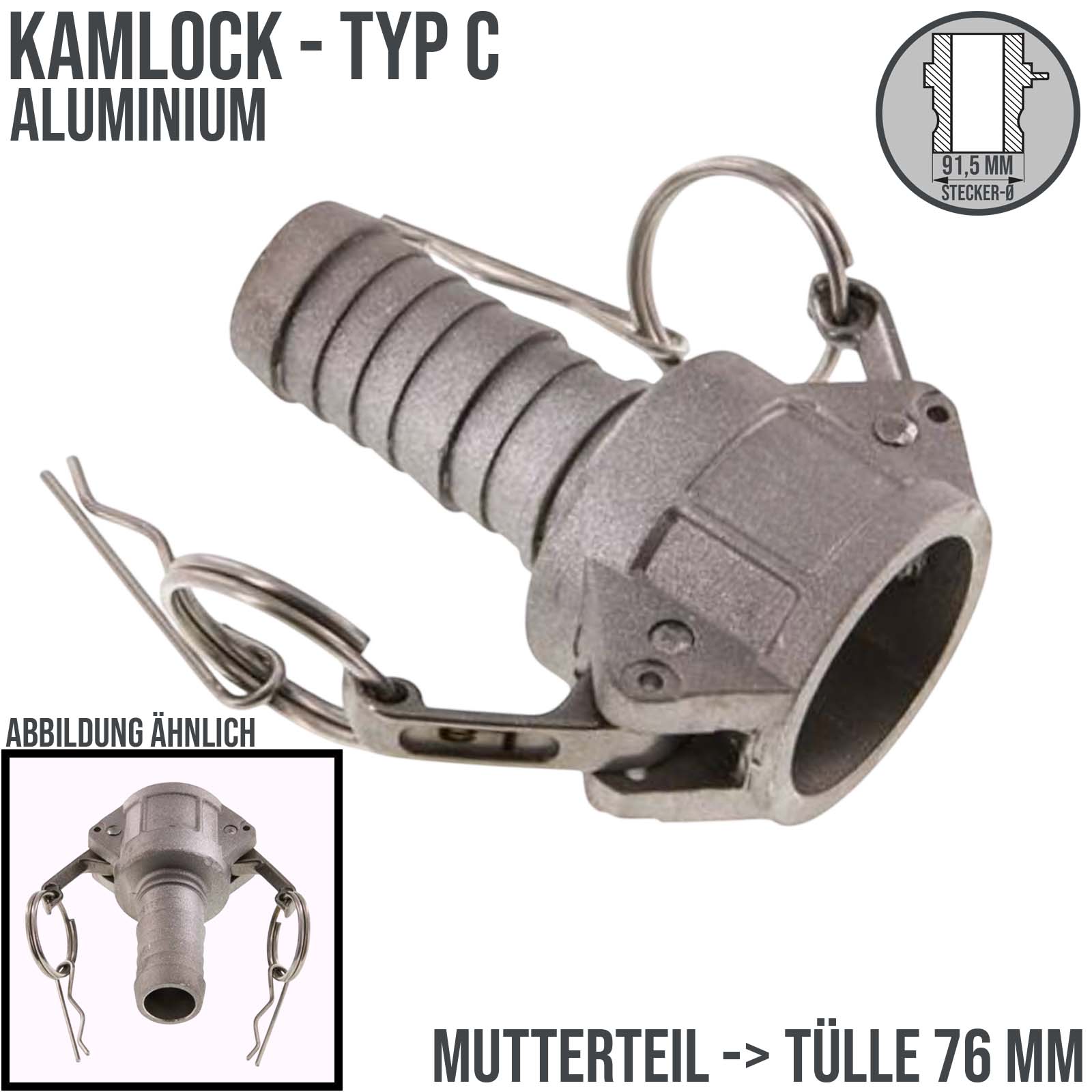 Kamlock Typ C - Mutterteil (91,5 mm) Aluminium ALU -> Tülle 76 mm 3" Zoll DN75 DN80 - PN 8,5 bar