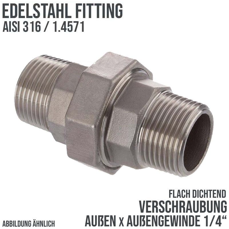 1/4" Edelstahl Fitting V4A AISI 316 Verschraubung Außen x Außengewinde AG flach dichtend - PN 16 bar