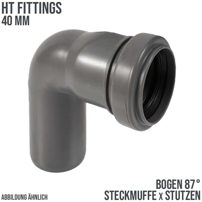 40 mm PP Bogen 87° Abzweig Abfluß Abwasser HT KG Rohr Steckmuffe x Stutzen grau