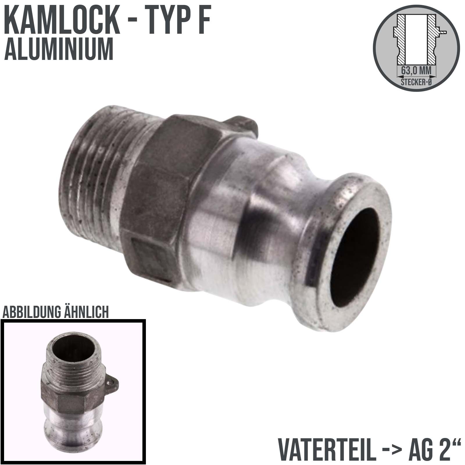 Kamlock Typ F - Vaterteil Aluminium - 63,0 mm Stecker mit Außengewinde (AG) 2" Zoll DN 50 - PN 10 bar