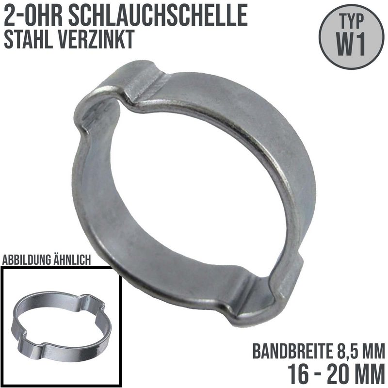 16 - 20 mm 2-Ohr Doppel Schlauch Schelle Stahl verzinkt W1 - Bandbr. 8,5 mm