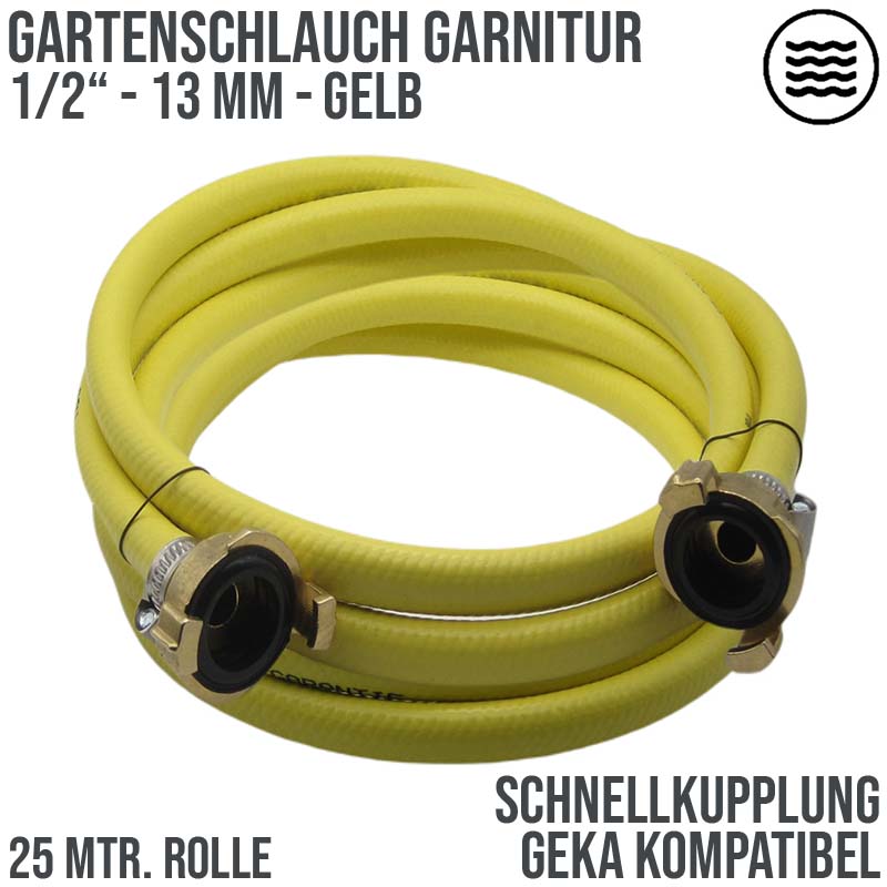 1/2" 13 mm Garten Wasser Bewässerung Schlauch Garnitur gelb Schnellkupplung 3 Lagen - PN 8 bar - 25 m