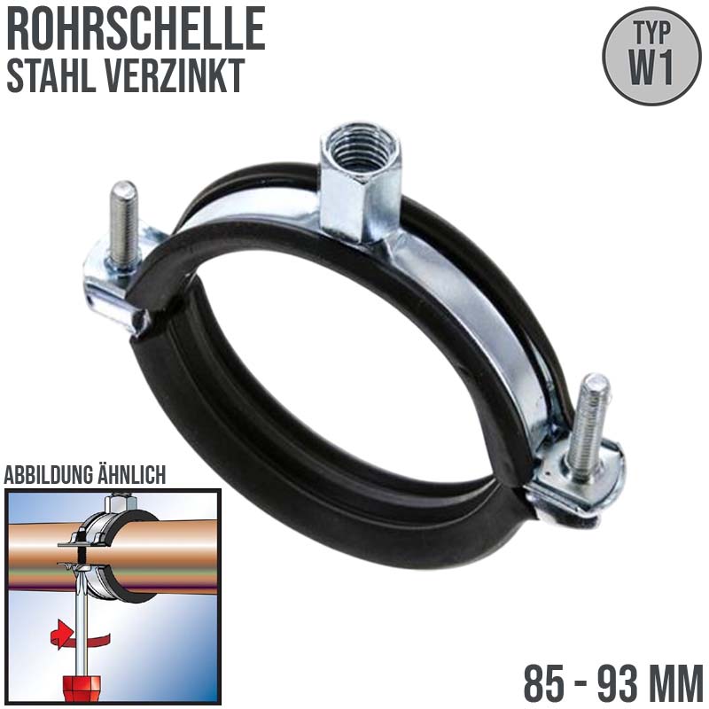 85 - 93 mm Rohr Schraub Schelle Klemme Gummieinlage Fischer M8 M10 2-teilig W1 Stahl verzinkt DIN 4109