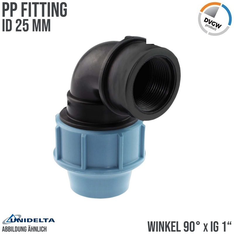 25 mm x 1" PE PP Fitting Klemm Verbinder Verschraubung Rohr Winkel 90° x IG DVGW - Unidelta