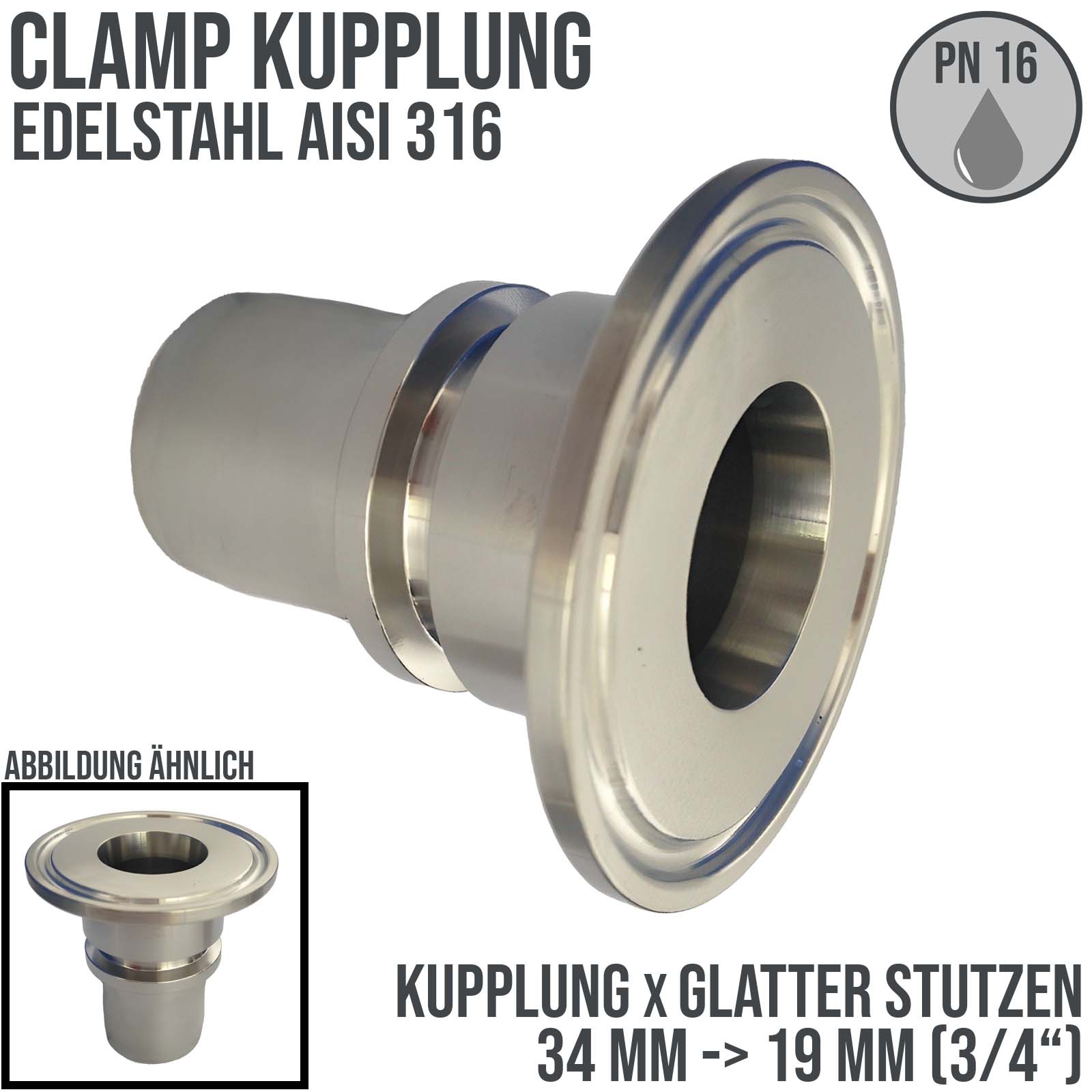 CLAMP Kupplung 34 mm Schlauch Stutzen Tülle glatt 19 mm 3/4" - PN 16 bar