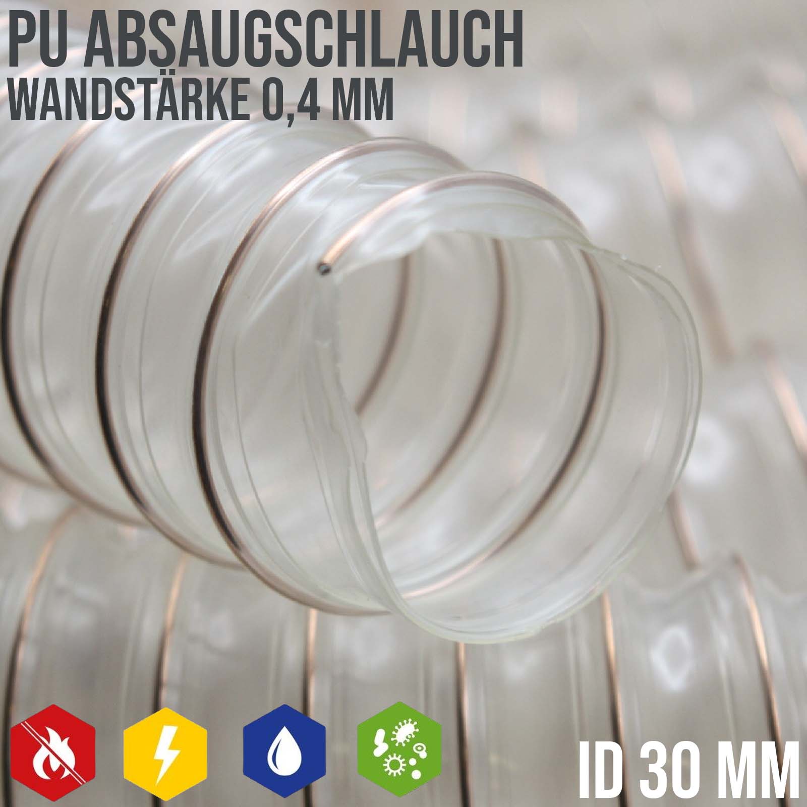 30 mm PU Saug Ansaug Druck Spiral Flex Staub Holz Metall Späne Schlauch Anlage - Wandstärke 0,4 mm  - PN 0,60 bar