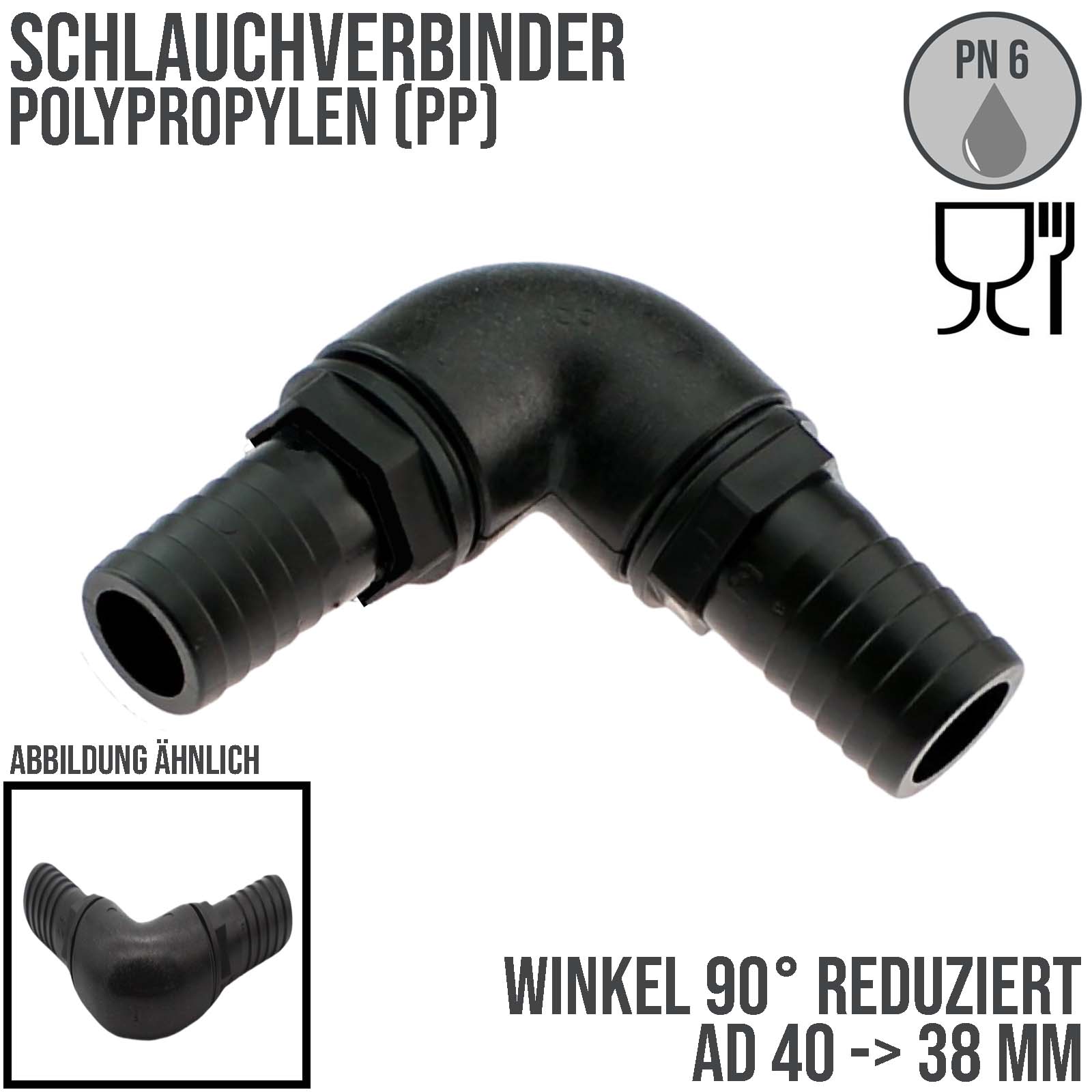 40 x 38 mm Winkel 90° Schlauch Verbinder 2-fach Stutzen Tülle Pool Teich Garten schwarz - PN 6 bar