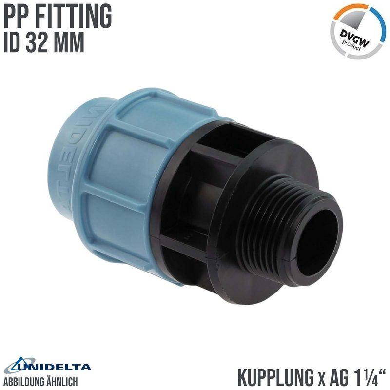 32 mm x 1 1/4" PE PP Fitting Klemm Verbinder Verschraubung Muffe Rohr Kupplung x AG DVGW - Unidelta