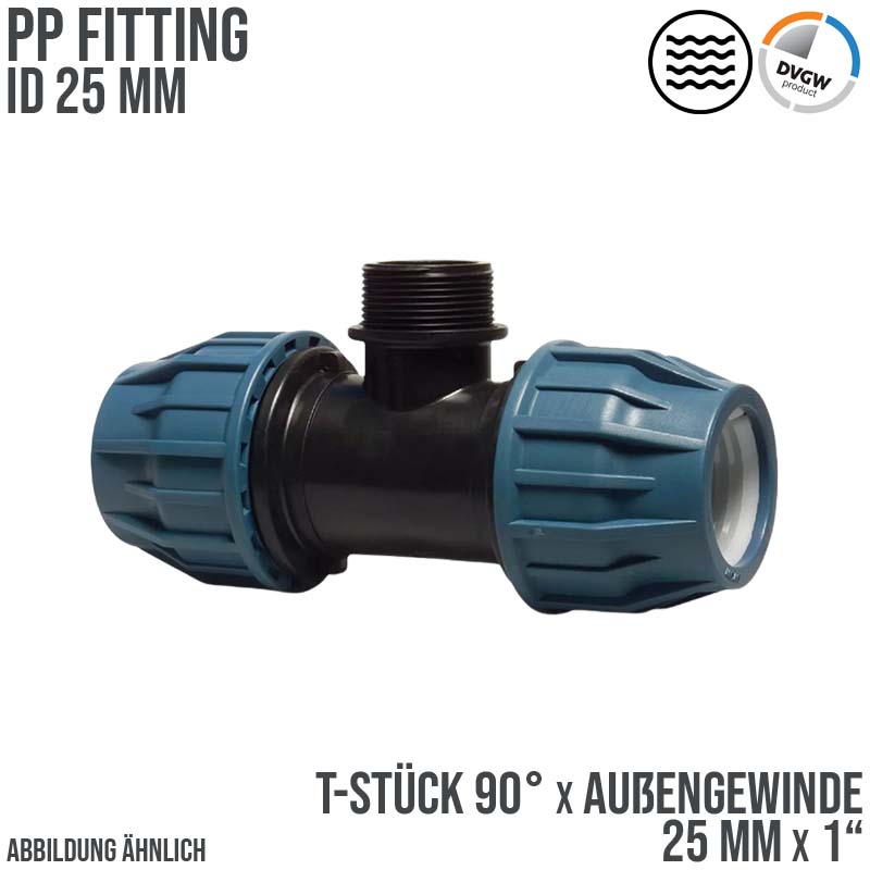 25 mm x 1" PE PP Fitting Klemm Verbinder Verschraubung Rohr T-Stück 90° x AG DVGW - PN 16 bar