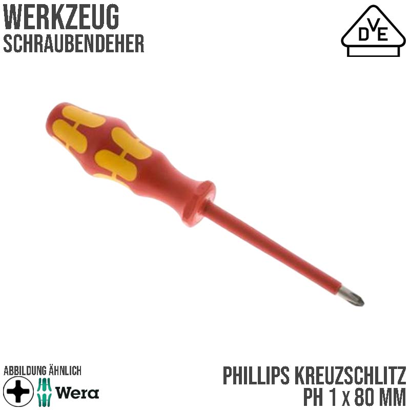 PH 1 x 80 mm VDE Phillips Kreuz Schlitz Schrauben Dreher Zieher - Wera Kraftform Plus 300