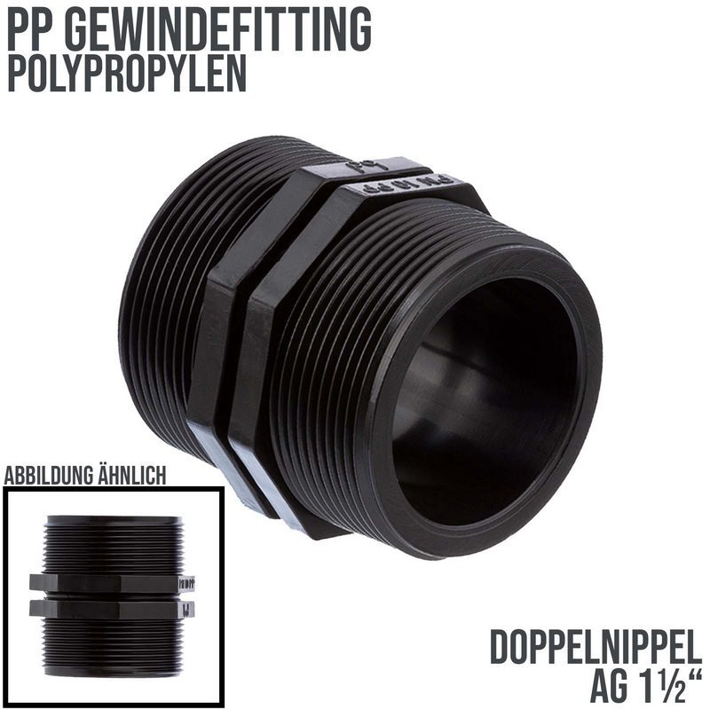 1 1/2" PP Gewinde Fitting Doppel Nippel schwarz Außengewinde AG Polypropylen - PN 10 bar