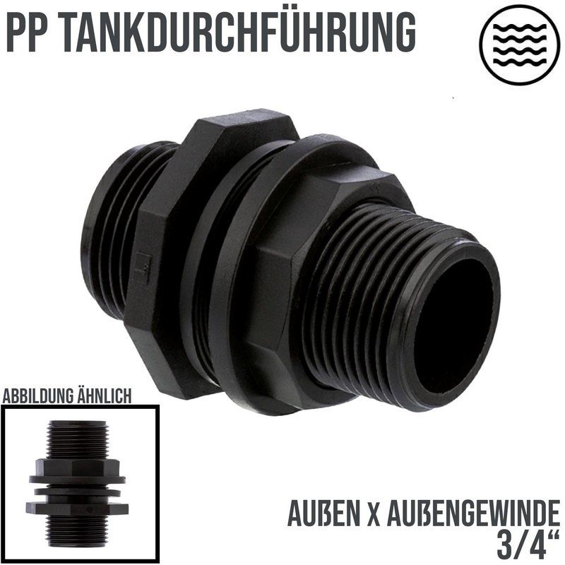 3/4" PP Tank Regen Tonnen Durchführung Connector 2-fach Außengewinde  - PN 10 bar