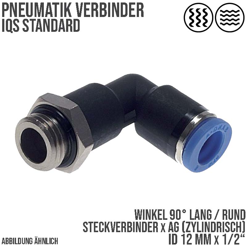 12 mm x 1/2" Pneumatik Steck Verbinder Winkel 90° rund lang rund IQS Außengewinde zylindrisch - PN 20 bar