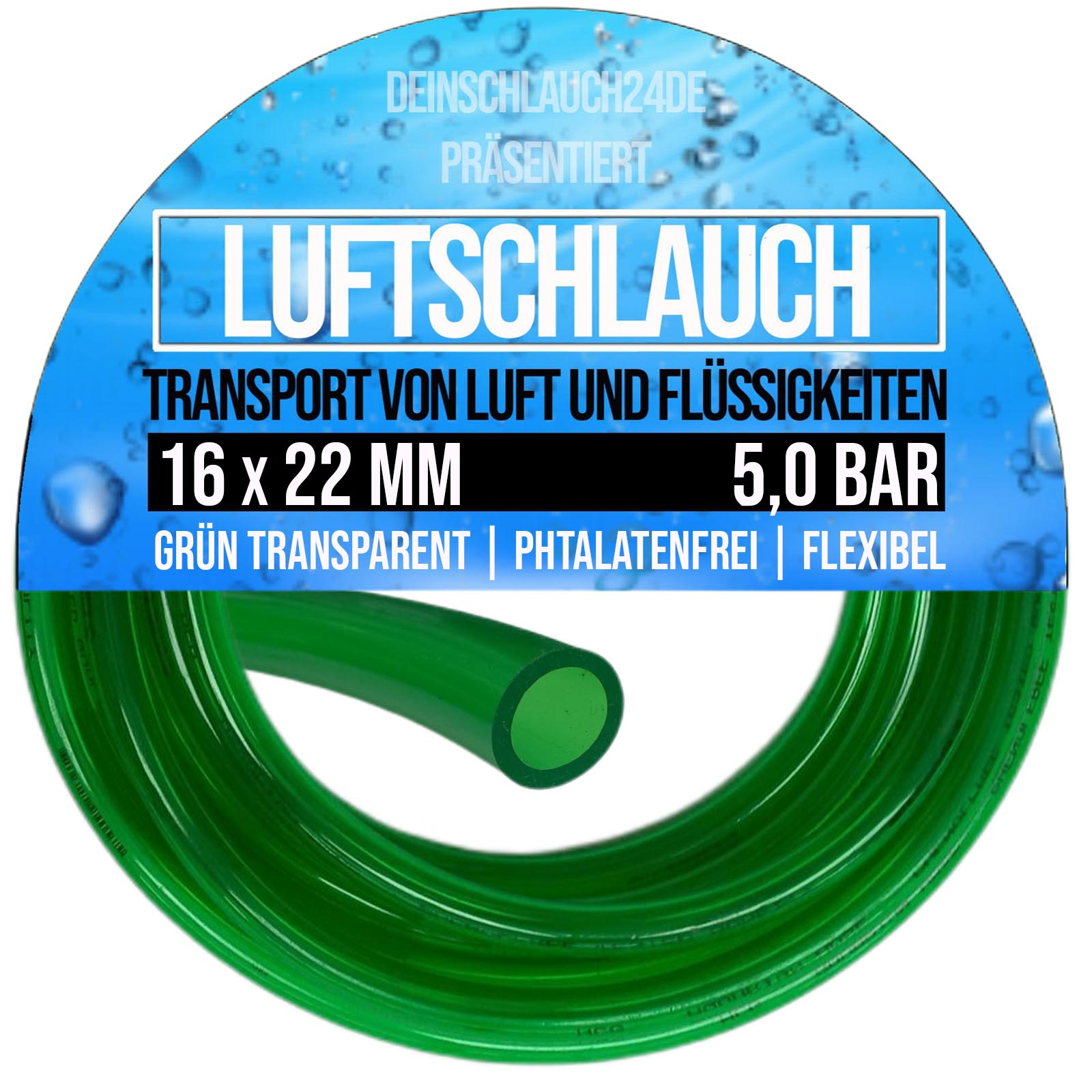 16 x 22 mm PVC Luft Filter Wasser Universal Labor Aquarium Terrarium Schlauch grün transparent - PN 5,6 bar