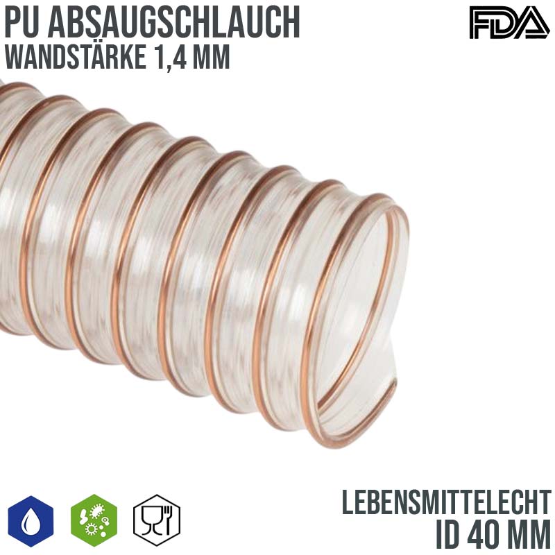 40 mm PU Saug Ansaug Druck Spiral Flex FDA Lebensmittel Schlauch - Wandstärke 1,4 mm - PN 1,69 bar