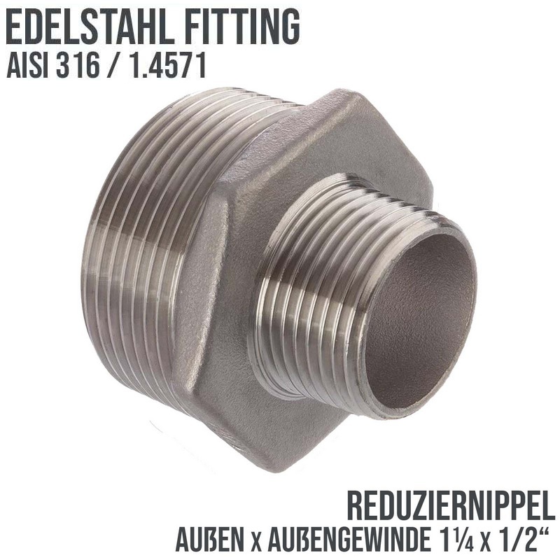 1 1/4" Edelstahl Fitting V4A AISI 316 Nr. 245 - Reduktionsnippel Außen x Außengewinde AG - 1 1/4" x 1/2" - PN 16 bar