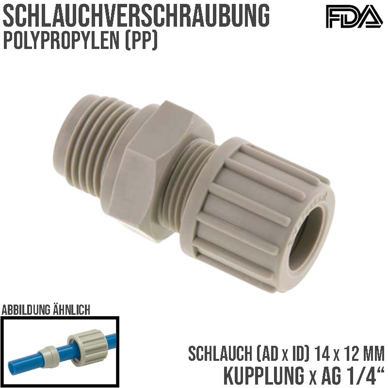 14 x 12 mm x 1/4" Kupplung Aussengewinde PA PP Schlauch Verbinder FDA - PN 10 bar