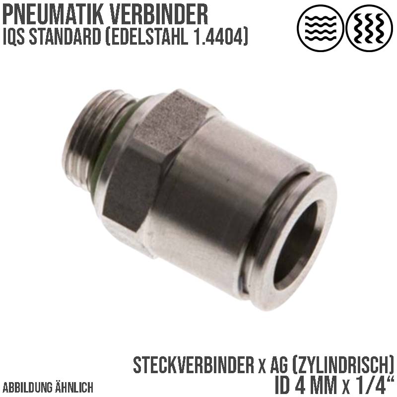 4 mm x 1/4" Pneumatik Schnell Steck Verbinder IQS Edelstahl VA 1.4404 Außengewinde zylindrisch - PN 15 bar