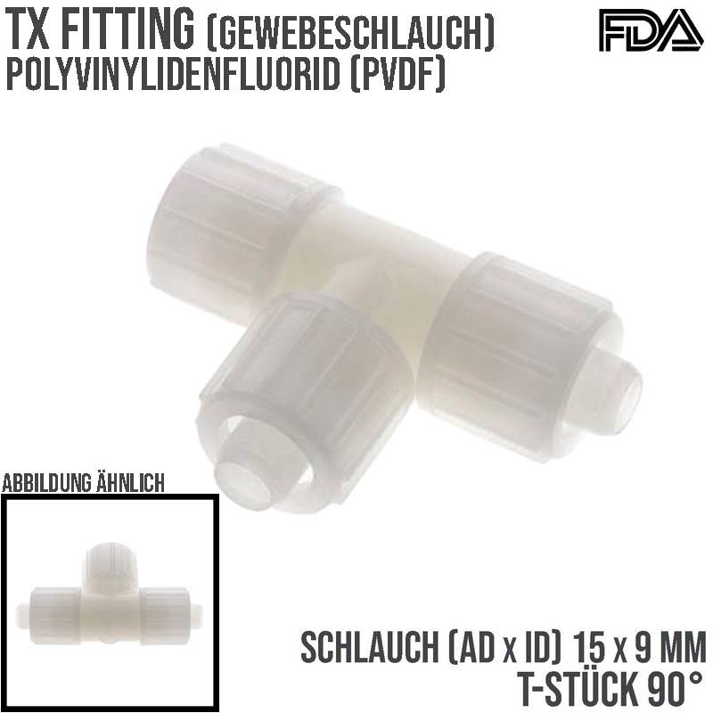 15 x 9 mm T-Stück 90° TX Fitting Gewebe Schlauch Verbinder FDA PVDF weiß - PN 10 bar