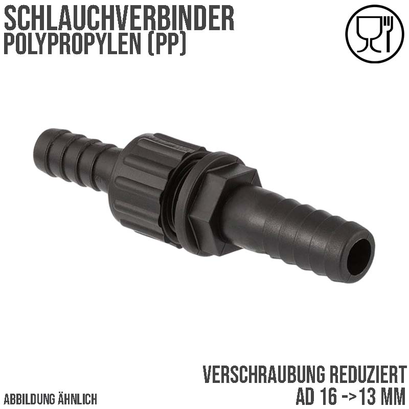 16 x 13 mm Schlauch Verschraubung reduziert 2-fach Stutzen Tülle Pool Teich Garten PP schwarz - PN 6 bar