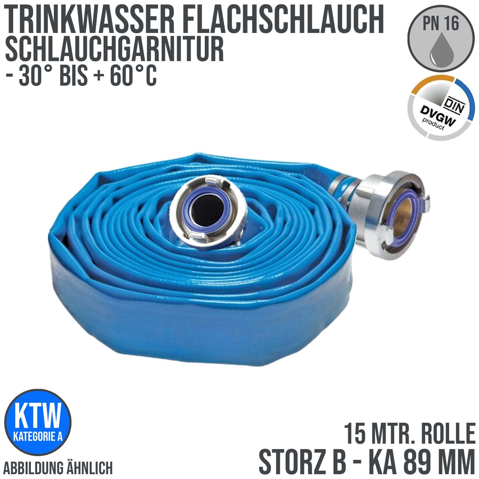 STORZ B KA 89 75 mm 3" Trinkwasser Flach Schlauch DVGW KTW Garnitur blau PN 10 bar - 15 m