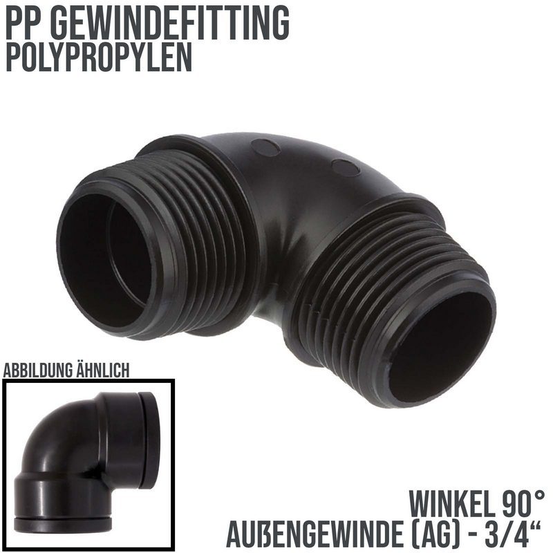 3/4 " PP Gewinde Fitting Winkel 90° schwarz Außen x Außengewinde IG Polypropylen - PN 10 bar