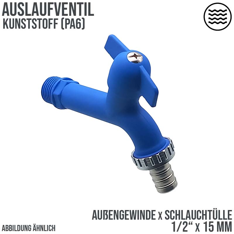 1/2" AG Kunstoff (PA 6) Auslauf Ventil Wasser Hahn Tülle 15 mm KTW - blau